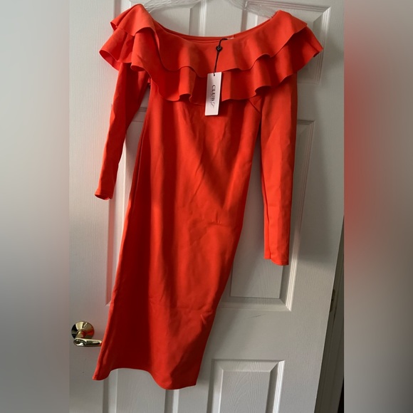 NWT ORANGE ASOS CLUB L LONDON ONE SHOULDER  FRILL MIDI DRESS  L/16 - Picture 6 of 6